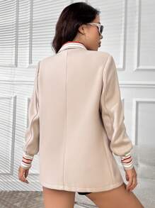SHEIN LUNE Blazer de un solo pecho con detalle de solapa y ribete de rayas - Caqui - Ver 2