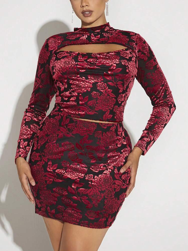 Plus Floral Print Cut Out Mock Neck Top & Bodycon Skirt
