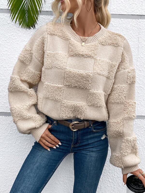 Chiquease Checkerboard Pattern Drop Shoulder Teddy Sweater