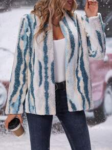 SHEIN LUNE Graphic Print Open Front Fuzzy Coat Fall Cloth For Women - Blue - View 7