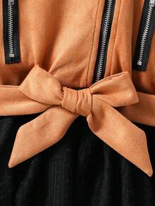 SHEIN Young Girl Contrast Mesh Hem Zip Detail Belted Dress - Multicolor - View 6