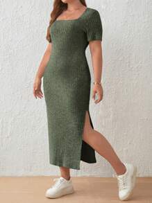SHEIN Frenchy Vestido con cuello cuadrado y aberturas en los laterales de la falda talla grande - Verde - Ver 3