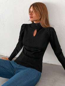 SHEIN Cottnline Cut Out Front Mock Neck Sweater - Black - View 3