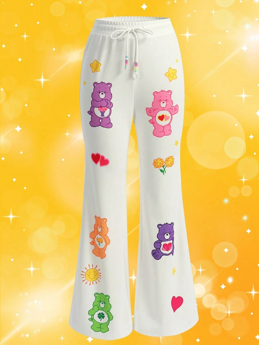 SHEIN X Care Bears Quần bó sát eo có dây rút đồ họa hoạt hình - trắng - Xem 1