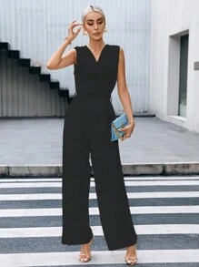 SHEIN Privé cổ áo xếp nếp Tự thắt lưng Không tay Áo liền quần - màu đen - Xem 1