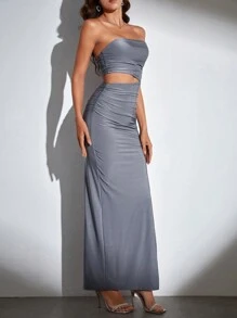 SHEIN Tall 鏤空高衩抹胸洋裝 - 灰色 - 查看 5