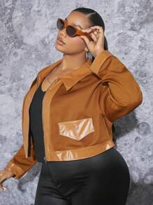 SHEIN SXY Plus Flap Detail Drop Shoulder Mixed Media Jacket - Brown - View 3