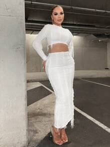 SHEIN SXY Mock Neck Crop Top & Asymmetrical Hem Skirt - White - View 5