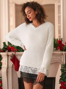 SHEIN Frenchy Ren tương phản Thả vai Áo len - trắng - Xem 1