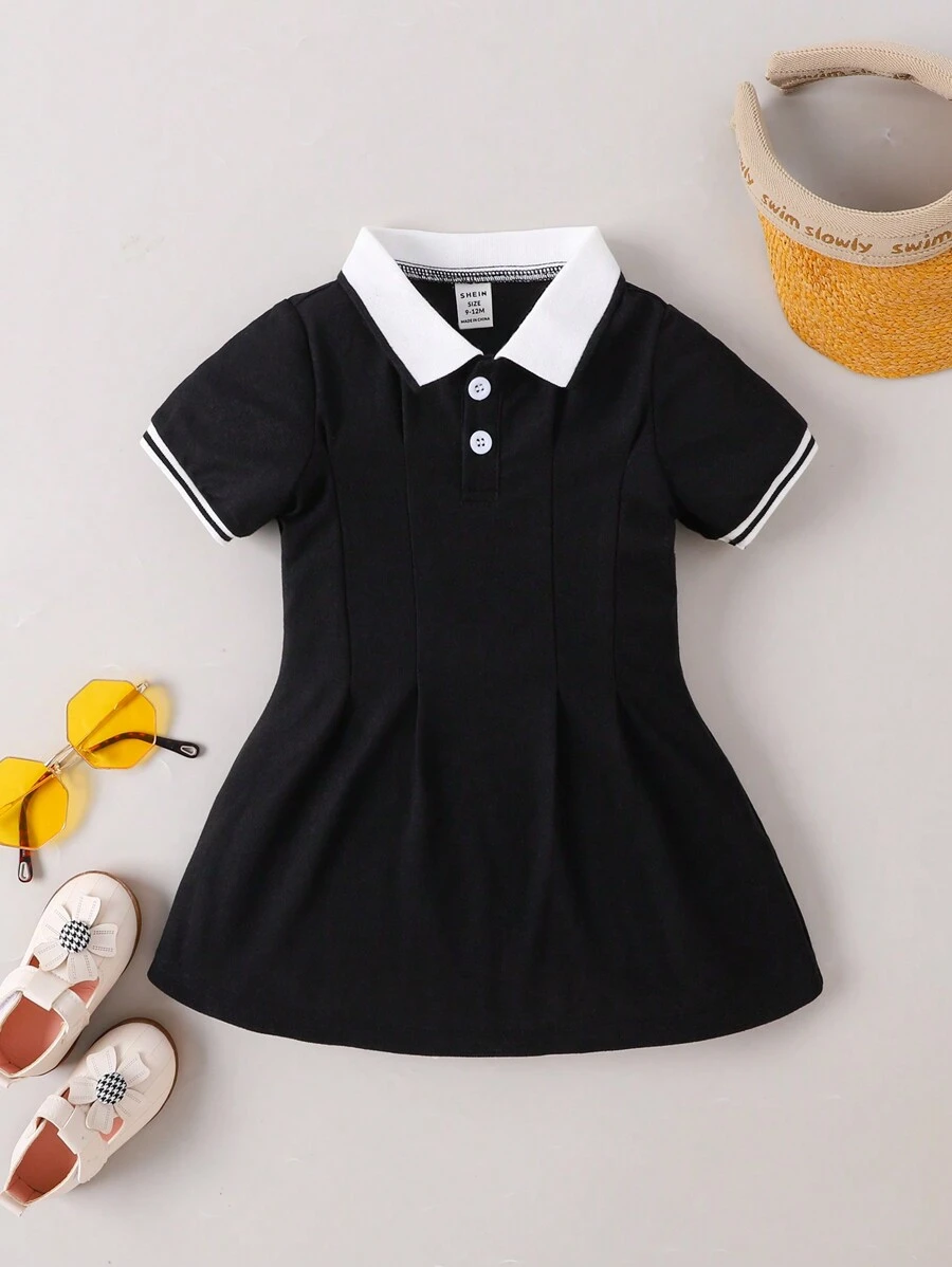 SHEIN Playful Pals Baby Girls Ruffle Detail Polo Collar Dress - Black - View 1