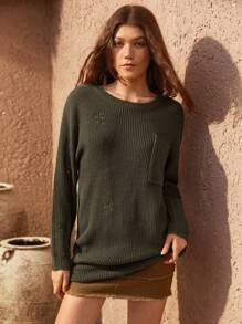 Bohemela Solid Drop Shoulder Sweater Dress - Army Green - View 5