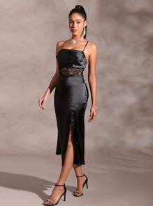 SHEIN BAE Contrast Lace Split Thigh Cami Dress - Black - View 4