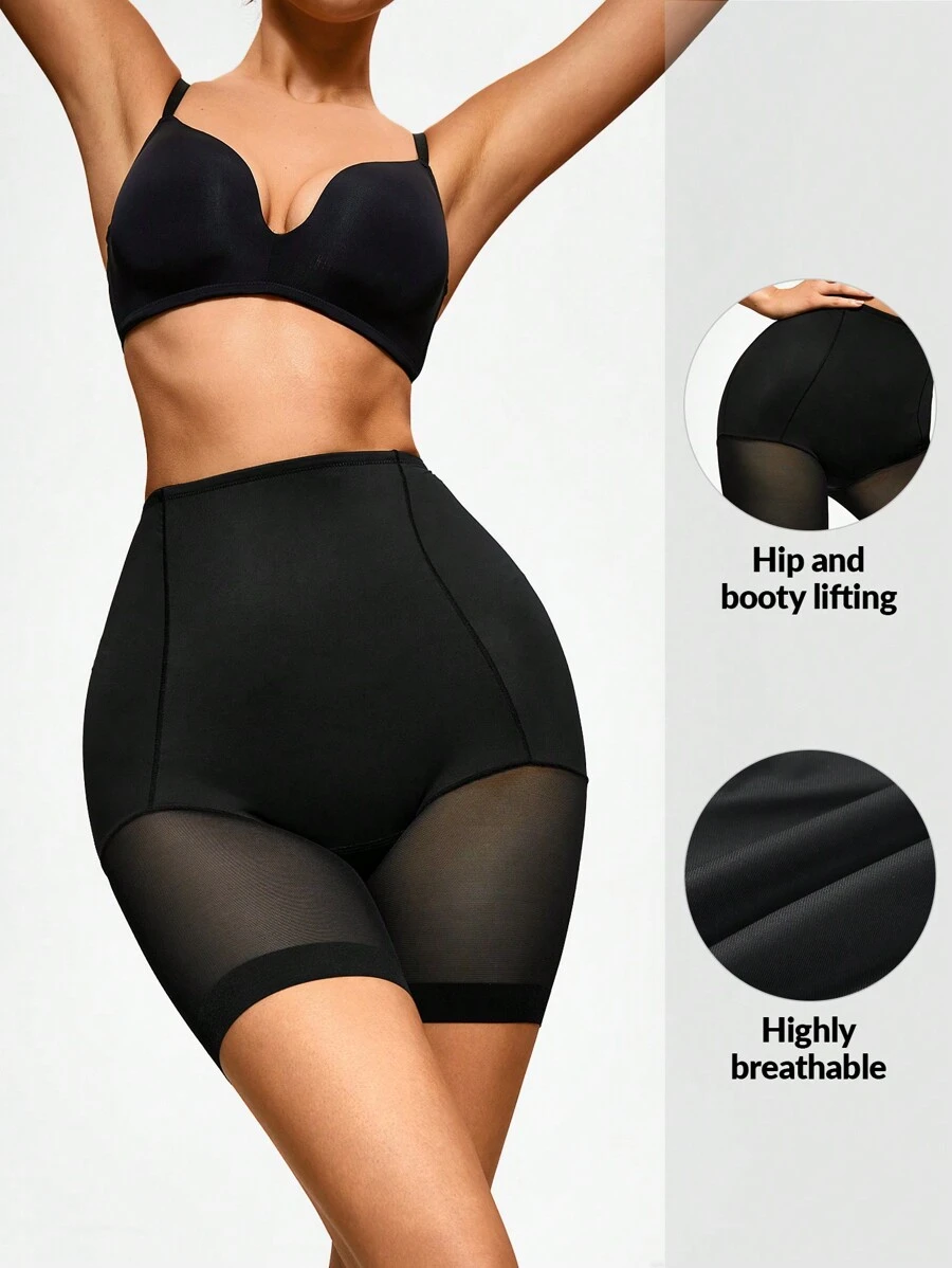 SHAPORA Women's Black Knitted High Waist Short Shapewear Underwear With Contrast Mesh Panel For Casual Sporty Look - Black - View 1