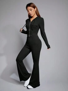 SHEIN EZwear 拉鏈開襟連帽夾克&喇叭褲 - 黑色 - 查看 6