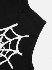 SHEIN EZwear 萬聖節蜘蛛網圖案小高領針織短上衣 - 黑色 - 查看 4