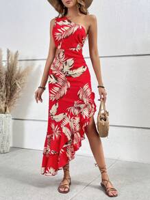 SHEIN VCAY Tropical Print One Shoulder Cut Out Ruffle Asymmetrical Hem Dress - Red - View 1