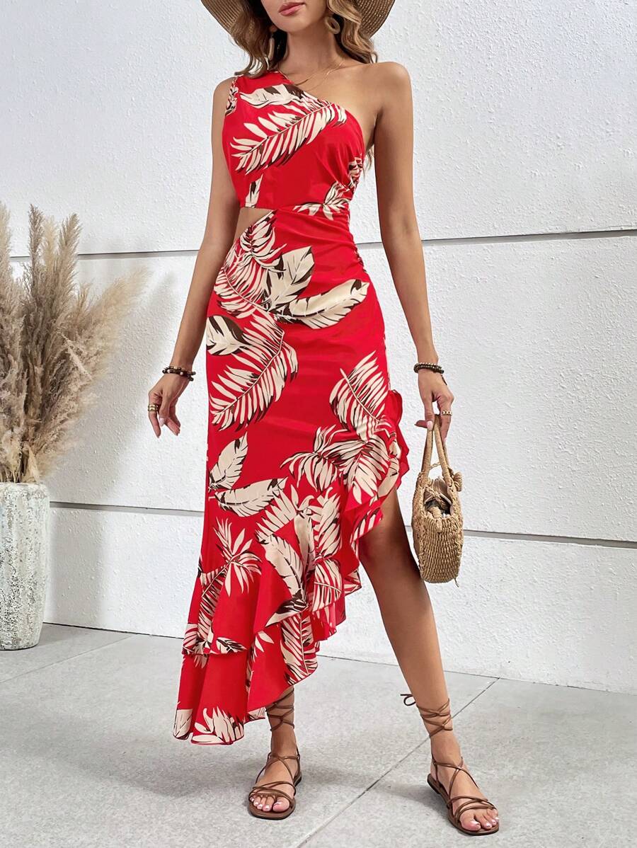 SHEIN VCAY Tropical Print One Shoulder Cut Out Ruffle Asymmetrical Hem Dress - Red - View 1