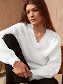 Bohemela V Neck Drop Shoulder Ripped Detail Sweater
