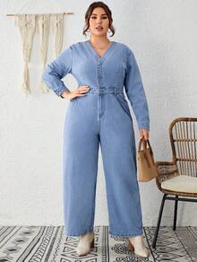 SHEIN LUNE 大碼前紐扣闊腿牛仔連身褲 - 淺色水洗藍 - 查看 3