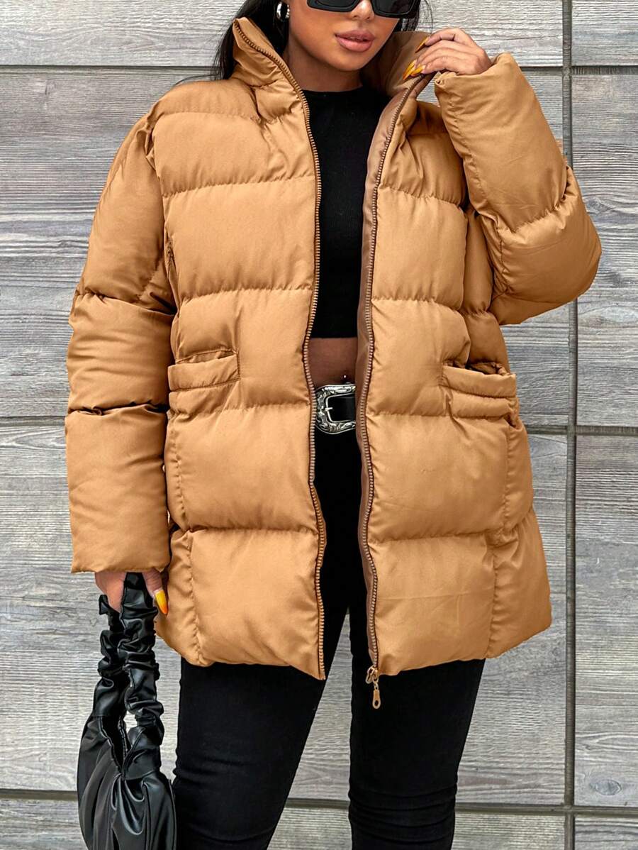 RueChic Plus Zip Up Puffer Coat - Camel - View 1