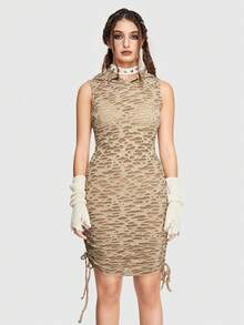 ROMWE Grunge Punk Abito aderente monocolore coulisse laterale plissettato con cappuccio - Cachi - Visualizzare 5