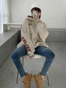 DAZY Letter Graphic Drop Shoulder Drawstring Hoodie,Long Sleeve Tops,Fall Clothes Sweatshirt - Apricot - View 5