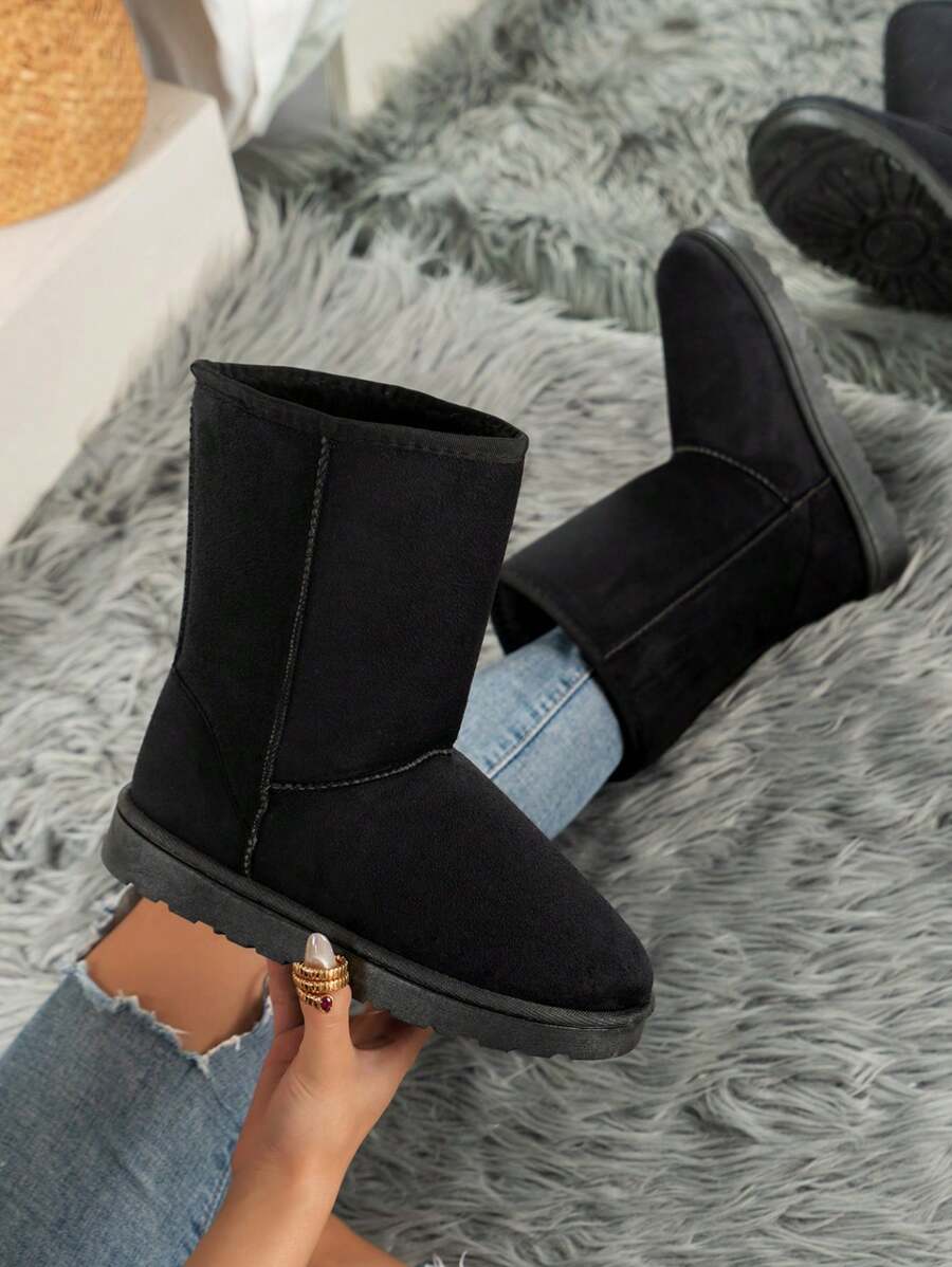 Kvinnors Svart Rund Tå utan Snörning Plus Storlek Plyschfodrad Mitten av vaden Snöstövlar - Svart - Visa 1