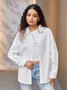 青少年女孩字母圖案落肩袖翻蓋口袋襯衫