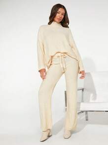 SHEIN BASICS Drawstring Waist Wide Leg Knit Pants - Apricot - View 6