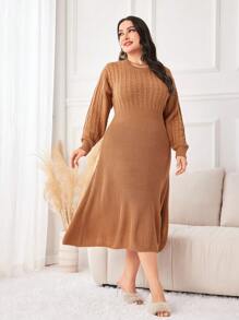 Mulvari 大碼麻花編織落肩袖毛衣洋裝 - 卡其色 - 查看 6