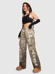 ROMWE Grunge Punk Slogan Graphic Flap Pocket Side Drawstring Waist Cargo Sweatpants - Coffee Brown - View 2
