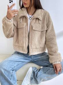 SHEIN EZwear Drop Shoulder Flap Detail Zip Up Teddy Jacket - Khaki - View 4