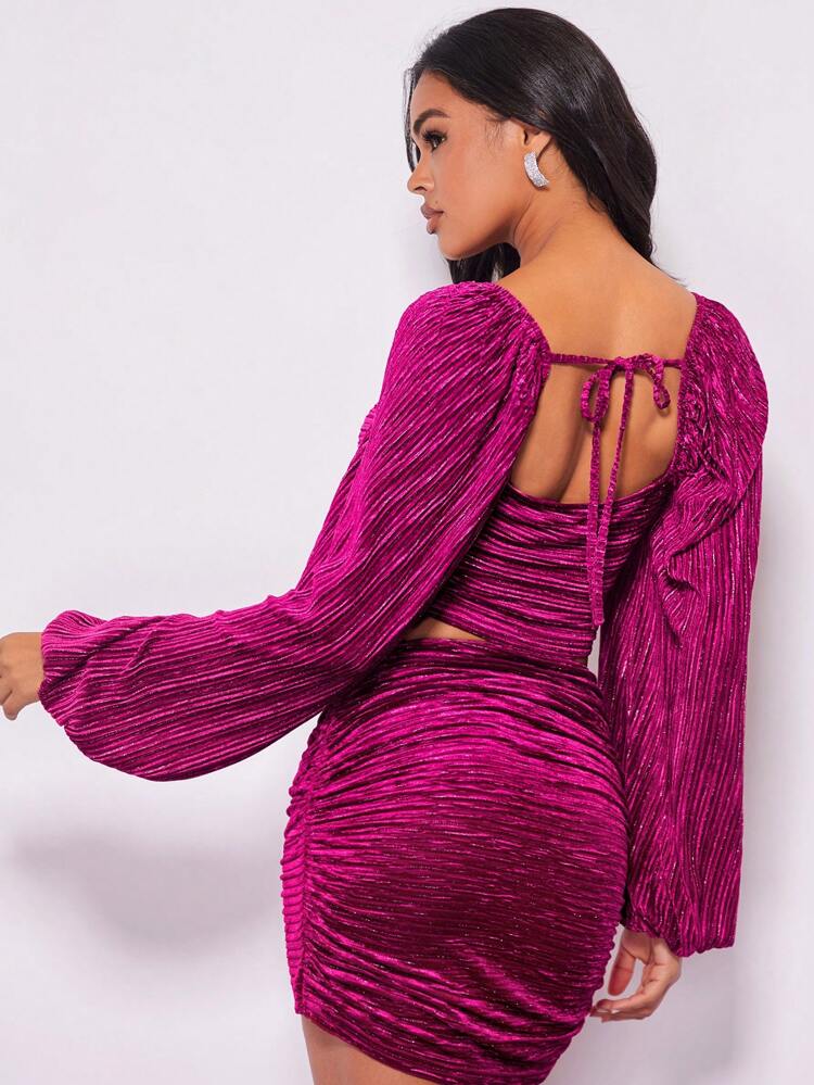 Notched Neckline Lantern Sleeve Crop Blouse