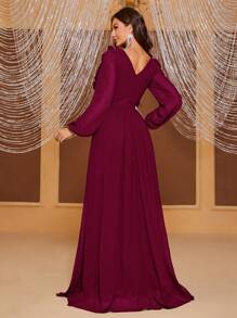 YISIKADO Plunging Neck Ruffle Trim Lantern Sleeve Dress - Burgundy - View 3