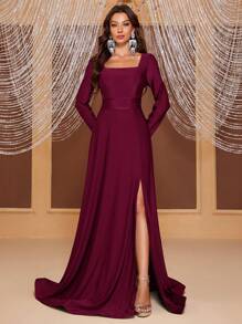 YISIKADO Square Neck Split Thigh Dress - Burgundy - View 5