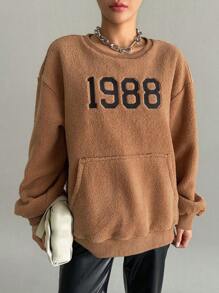 DAZY In số Túi kangaroo Thả vai Teddy Áo nỉ - màu nâu - Xem 4