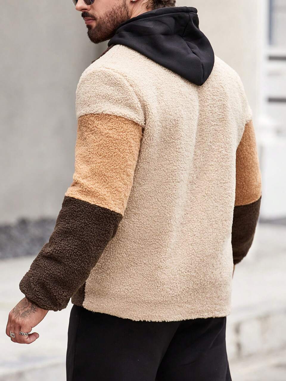 Men Color Block Teddy Jacket