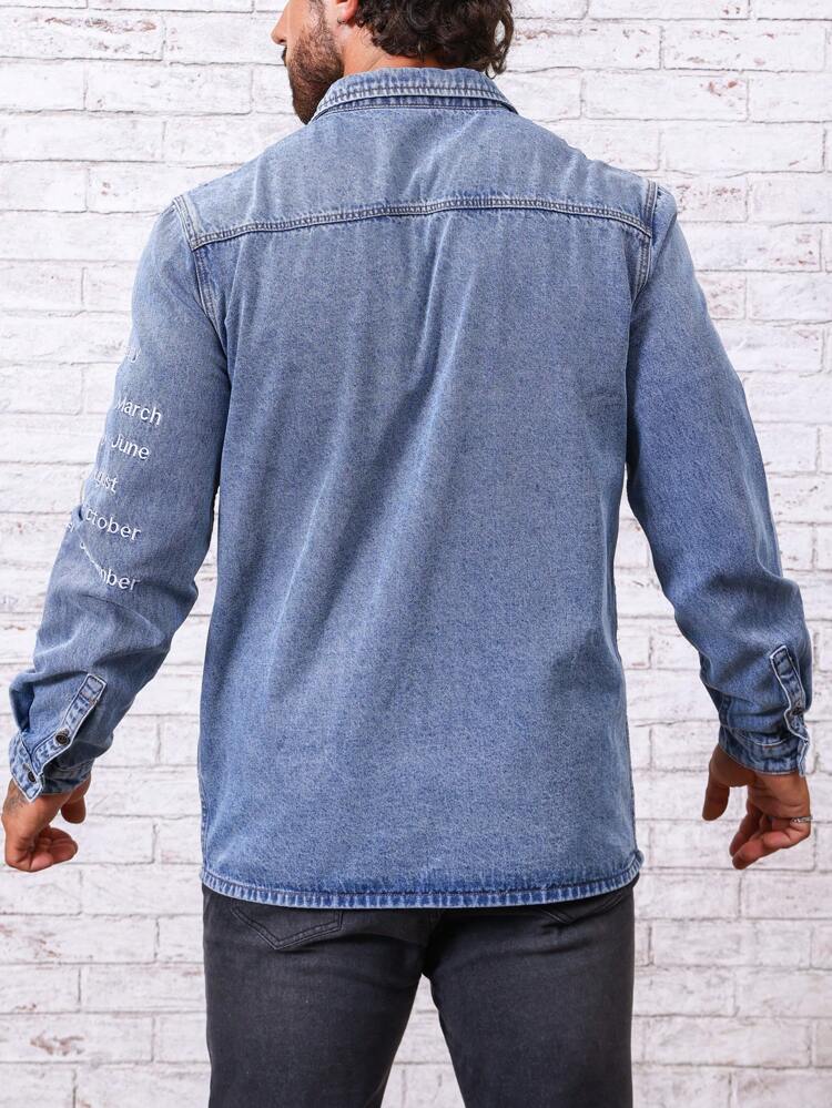 Men Slogan Graphic Dual Pocket Denim Shirt