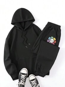 SHEIN EZwear 花卉和棋盤印花袋鼠口袋抽繩保暖襯裡連帽衫和運動褲 - 杏色 - 查看 2