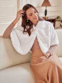 SHEIN Privé Solid Crop Cape Fuzzy Coat - White - View 1