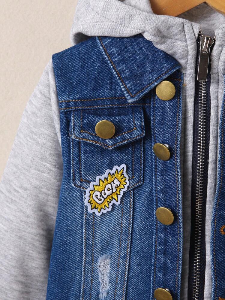 Baby Boy 1pc Patch Detail Ripped 2 In 1 Hooded Denim Jacket