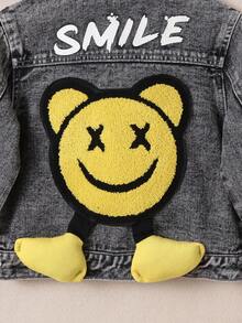 Young Boy Letter Patched Detail Denim Jacket - Grey - View 3