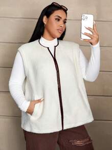 SHEIN EZwear 大碼拼接邊絨毛外套馬甲 - 杏色 - 查看 1