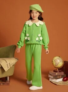 Tween Girl Floral Embroidery Peter Pan Collar Lantern Sleeve Jacket & Flare Leg Pants - Green - View 4