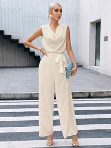 Firerie 垂領腰帶闊腿連體褲 - 杏色 - 查看 3