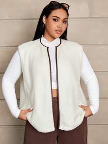 SHEIN EZwear 大碼拼接邊絨毛外套馬甲 - 杏色 - 查看 4