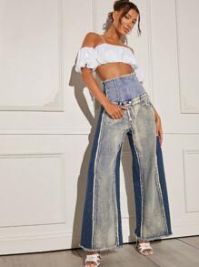 Denimoi Jeans de pierna ancha con cintura alta, bolsillos sesgados y bloques de color apilados - Azul - Ver 1