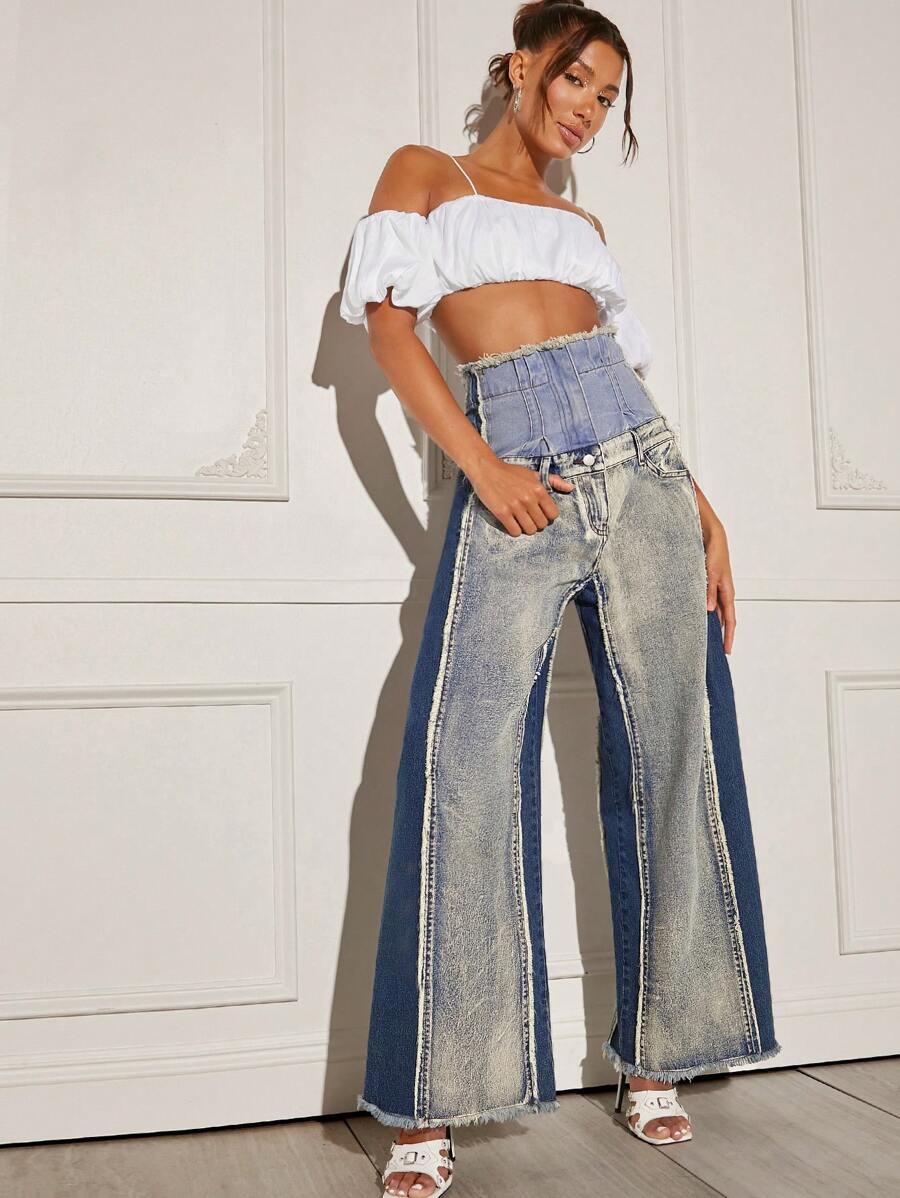 Denimoi Jeans de pierna ancha con cintura alta, bolsillos sesgados y bloques de color apilados - Azul - Ver 1