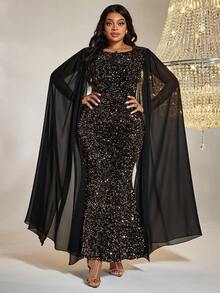 Plus Cloak Sleeve Sequin Dress - Black - View 4