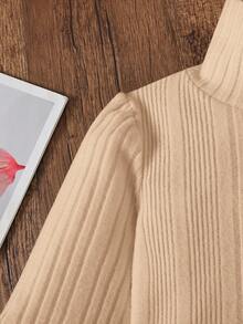 SHEIN Cô gái Tween Cổ cao Tay áo lồng đèn Đồ đan Ribbed Áo thun - Màu be - Xem 3